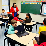 **

A vibrant, modern classroom scene. A teacher is interacting with students who are working on individual laptops or tablets. Some students are collaborating in small groups. The atmosphere is energetic and engaging, with colorful displays and project examples visible around the room. The focus is on personalized learning and the teacher acting as a facilitator, not lecturing. Use bright, warm colors.

**