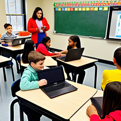 Home 19 **
A vibrant, modern classroom scene. A teacher is interacting with students who are working on individual laptops or tablets. Some students are collaborating in small groups. The atmosphere is energetic and engaging, with colorful displays and project examples visible around the room. The focus is on personalized learning and the teacher acting as a facilitator, not lecturing. Use bright, warm colors.
**