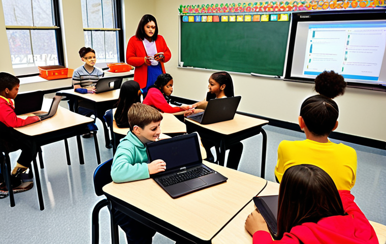 **
A vibrant, modern classroom scene. A teacher is interacting with students who are working on individual laptops or tablets. Some students are collaborating in small groups. The atmosphere is energetic and engaging, with colorful displays and project examples visible around the room. The focus is on personalized learning and the teacher acting as a facilitator, not lecturing. Use bright, warm colors.
**