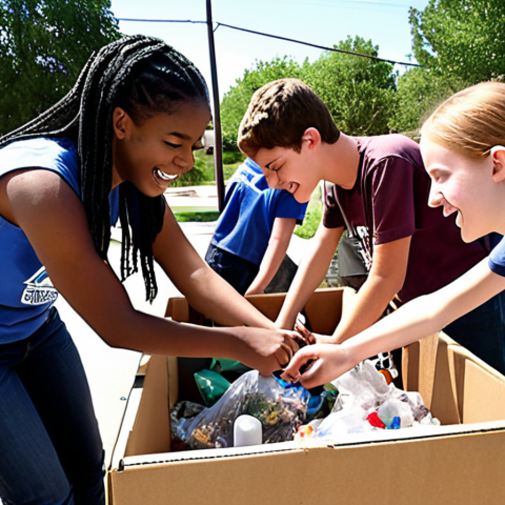 A diverse group of high school students enthusiastically working on a local community project outdoors, designing a prototype recycling system with recycled materials, showcasing collaboration and hands-on learning. Emphasize innovation, teamwork, and community impact.