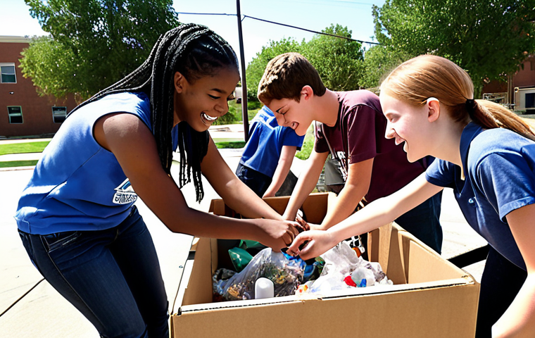 A diverse group of high school students enthusiastically working on a local community project outdoors, designing a prototype recycling system with recycled materials, showcasing collaboration and hands-on learning. Emphasize innovation, teamwork, and community impact.