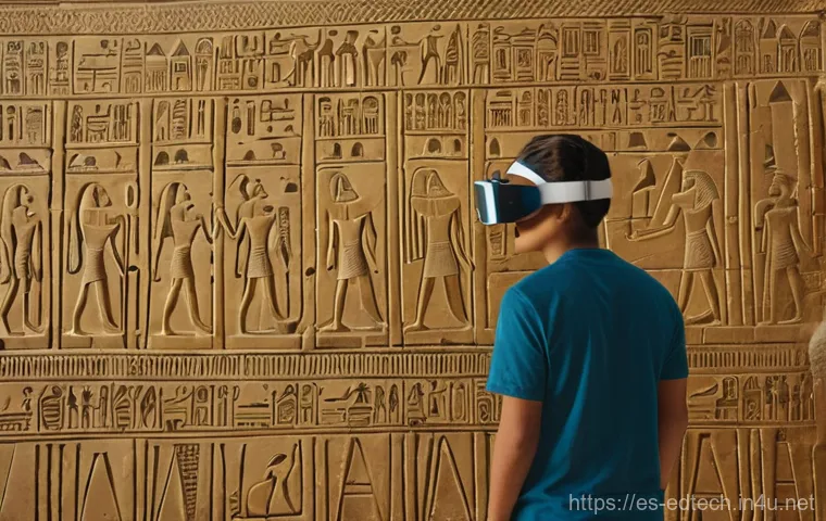 교육공학과 가상현실 VR - **Prompt 1: Ancient Egyptian Discovery in VR**
    A group of diverse high school students, approxim...