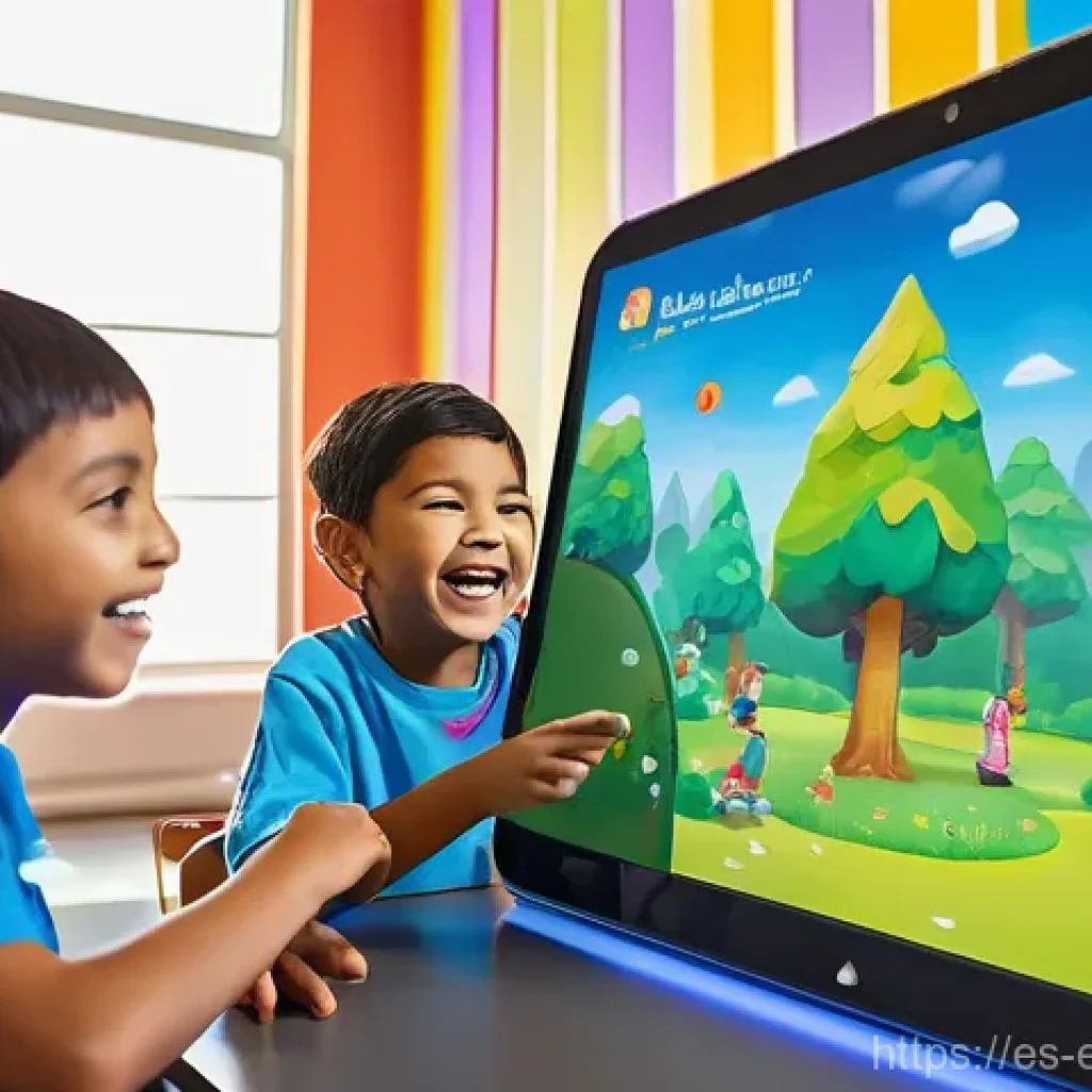 교육공학과 유아 교육 기술 - **Prompt 1 (Gamified Learning Adventure):**
A group of diverse, happy children, aged 7-9, fully ...