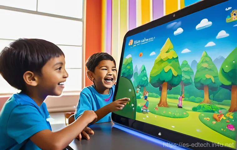 교육공학과 유아 교육 기술 - **Prompt 1 (Gamified Learning Adventure):**
A group of diverse, happy children, aged 7-9, fully ...