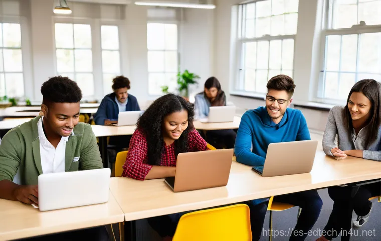 교육공학과 블렌디드 러닝 - **Prompt:** A vibrant, sun-drenched modern university classroom or collaborative study space. A dive...