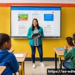 교육공학과 특수 교육 공학 - A modern classroom scene in a Spanish-speaking school, featuring diverse students actively engaged w...