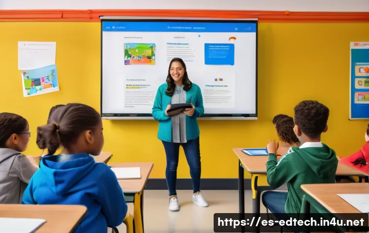 교육공학과 특수 교육 공학 - A modern classroom scene in a Spanish-speaking school, featuring diverse students actively engaged w...