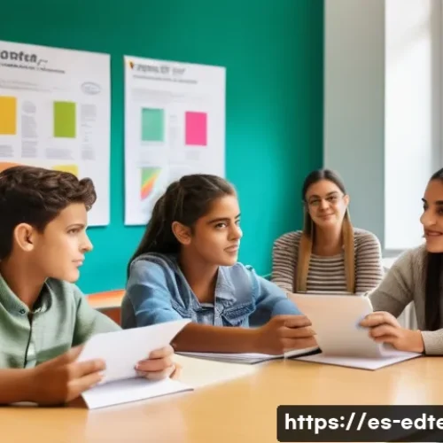 교육공학과 Gagn&eacute;의 교수설계 - A vibrant classroom scene in a modern Spanish school, showing a diverse group of attentive students ...