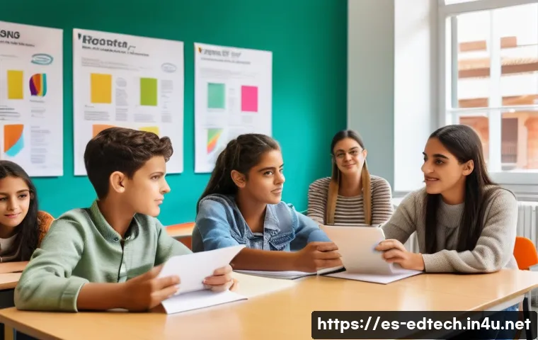 교육공학과 Gagn&eacute;의 교수설계 - A vibrant classroom scene in a modern Spanish school, showing a diverse group of attentive students ...