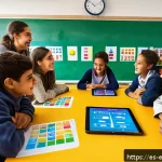 교육공학과 게이미피케이션 - A lively classroom scene in a modern Spanish school, where a diverse group of students aged around 1...