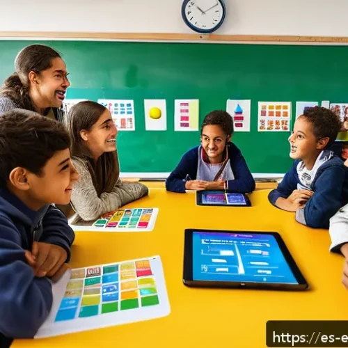 교육공학과 게이미피케이션 - A lively classroom scene in a modern Spanish school, where a diverse group of students aged around 1...