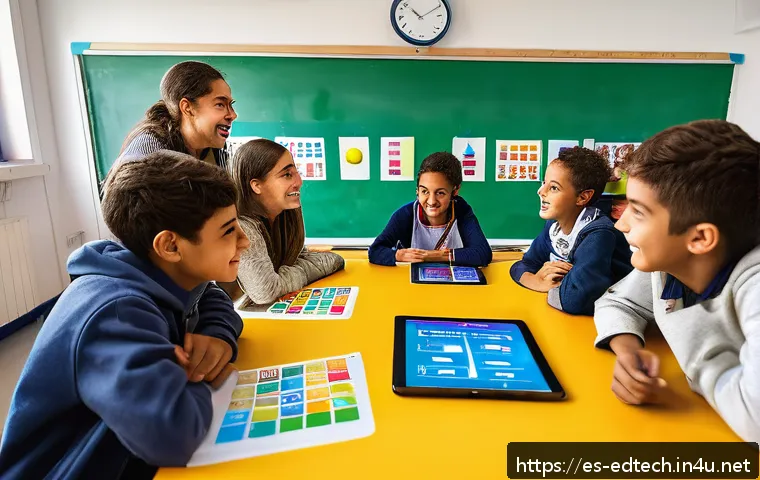 교육공학과 게이미피케이션 - A lively classroom scene in a modern Spanish school, where a diverse group of students aged around 1...
