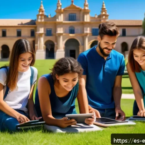교육공학과 학교 밖 학습 - A diverse group of young students studying together outdoors using tablets and smartphones, surround...