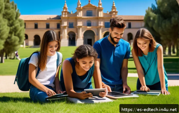교육공학과 학교 밖 학습 - A diverse group of young students studying together outdoors using tablets and smartphones, surround...