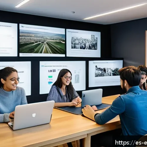 교육공학과 Slack 협업 학습 - A diverse group of university students collaborating in a modern study room, sitting around a table ...