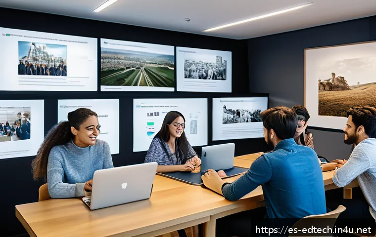 교육공학과 Slack 협업 학습 - A diverse group of university students collaborating in a modern study room, sitting around a table ...